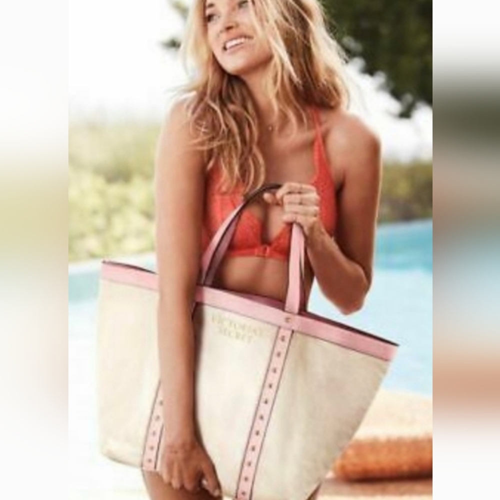 Victoria's Secret Canvas Gold Studded Faux Leather Tote, Style#1114412